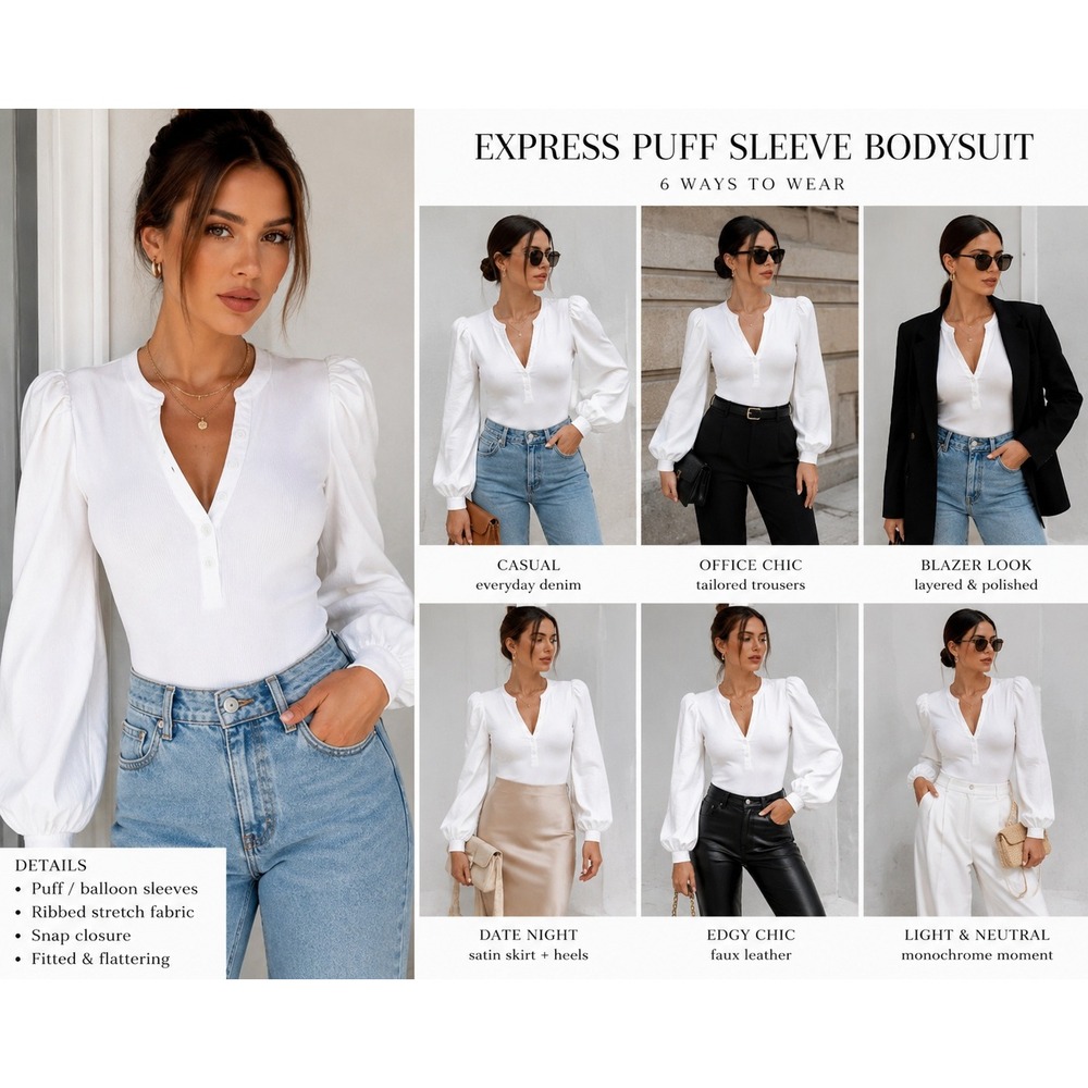 NWT Express White Ribbed Puff Sleeve Bodysuit Small Clean Girl Minimalist - Picture 8 of 8